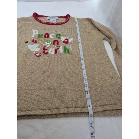 Peace on Earth Holiday knit sweater, sequins, beads, tan with red detail T5 - Picture 3 of 6